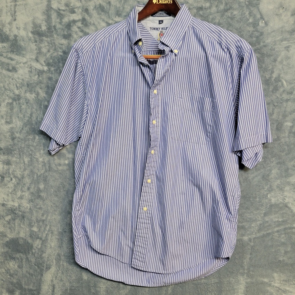 Tommy Hilfiger Mens Striped Short Sleeve Button Up Shirt,‎ Size L